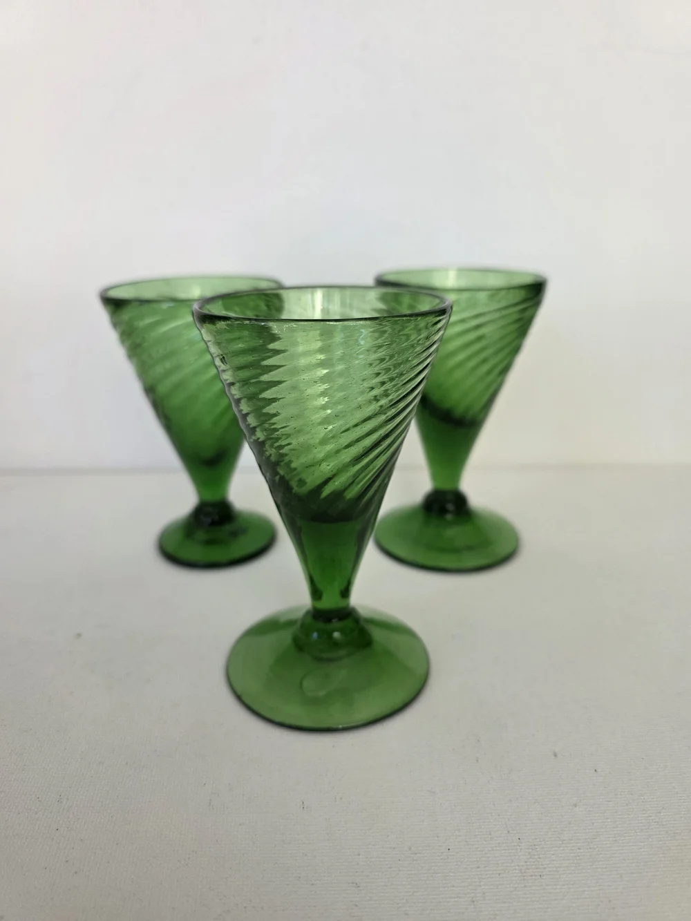 Vintage Emeral Green Swirled Glass Dessert & Cocktail Goblet - Set of 3